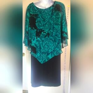 Floral Overlay‎ Dress in Teal and Black - Casual Dress